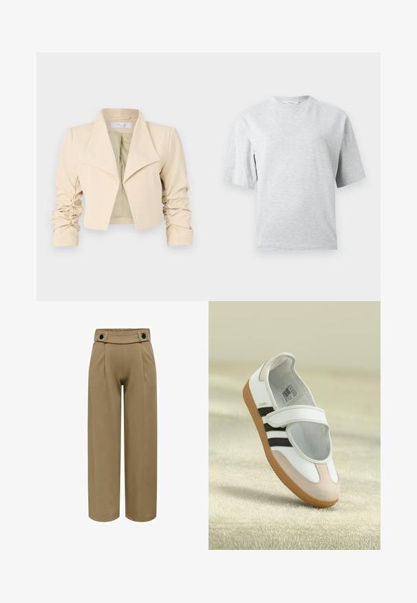 Veste cropped beige avec un col surdimensionné, des manches froncées et une texture lisse. La doublure intérieure est d'un vert clair contrastant.; T-shirt gris clair à manches courtes et col rond, coupe décontractée, présenté sur un fond blanc uni.; Pantalons larges dans une teinte brun clair, fabriqués à partir d'un tissu lisse. Possède une taille haute avec deux boutons noirs et des plis à l'avant.; Chaussure blanche avec un embout en daim rose, des rayures noires et une sangle Velcro. Dispose d'une semelle en caoutchouc brun et d'un logo sur le côté.