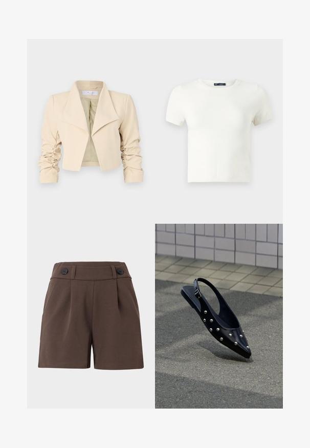 Beige verkürzte Jacke mit übergroßem Kragen, gerafften Ärmeln und einer glatten Textur. Futter in kontrastierendem Hellgrün.; Weißes kurzärmliges T-Shirt aus einem weichen Material. Es verfügt über ein klassisches Rundhalsdesign und eine schlanke Passform ohne sichtbare Muster oder Akzente.; Braune Shorts aus einem strukturierten Stoff, mit hoher Taille, Falten und zwei schwarzen Knöpfen an der Vorderseite. Maßgeschneiderter Schnitt mit Seitentaschen.; Schwarzer, spitzer Slingback-Schuh mit silbernen Nieten, schwebt über Asphalt vor einem hintergrund aus gefliester Wand.