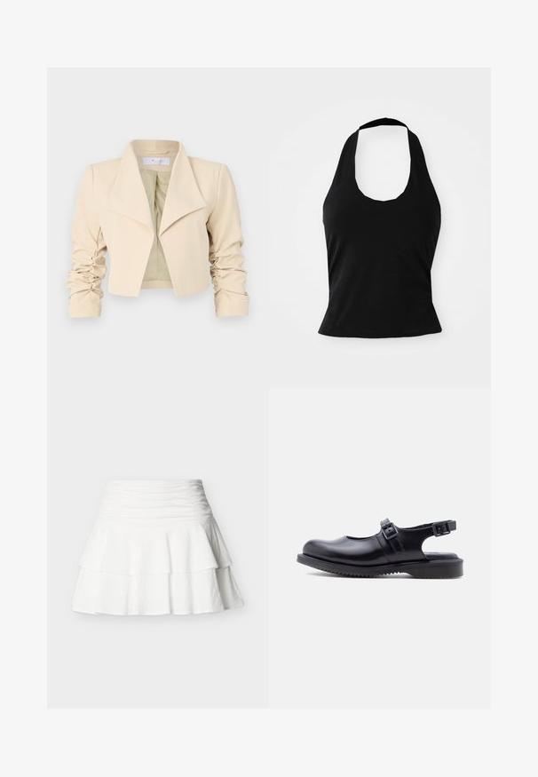 Veste cropped beige avec un col surdimensionné, des manches froncées et une texture lisse. La doublure intérieure est d'un vert clair contrastant.; Haut halter noir en tissu doux, avec un col rond et une silhouette ajustée, à la texture lisse et sans motifs visibles.; Mini-jupe blanche à volants avec taille haute plissée, en tissu texturé, présentée sur un fond uni.; Chaussure style Mary Jane en cuir noir avec deux brides ajustables à boucle et une semelle épaisse en caoutchouc rainurée.