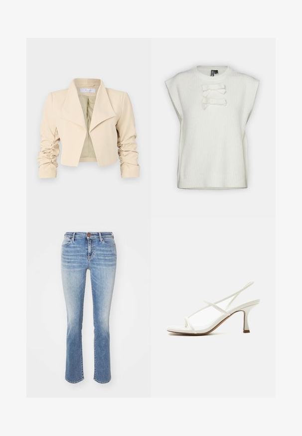 Chaqueta cropped beige con cuello extragrande, mangas fruncidas y una textura suave. El forro interior es de un verde claro contrastante.; Top blanco sin mangas con tejido de canalé texturizado, que presenta dos lazos de tela en el centro delantero. Corte simple y relajado.; Jeans de denim azul con un corte slim bootcut. Lavado desgastado, cinco bolsillos y un botón de cobre en la cinturilla. Dobladillo recto.; Sandalia blanca de mujer con tacón, puntera abierta, tiras delgadas cruzadas y talonera en un fondo claro.