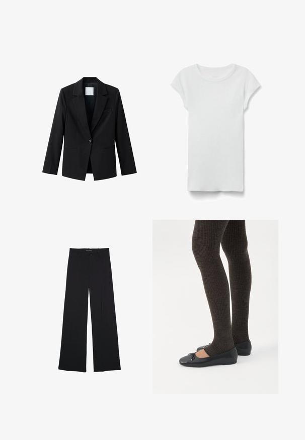 Sort blazer med hakkrave, enkelt knaplukning og to forlommer. Fremstillet af glat stof og med skræddersyet pasform.; Hvid kortærmet ribbet T-shirt med rund hals, lagt fladt på hvid baggrund, viser forsiden og simpel afslappet stil.; Sorte bukser med vide ben, bæltestropper, knaplukning foran og lynlås, lagt fladt på en hvid baggrund.; Ben iført mørke ribbede leggings kombineret med sorte balletsko med små sløjfedetaljer på hvid baggrund.