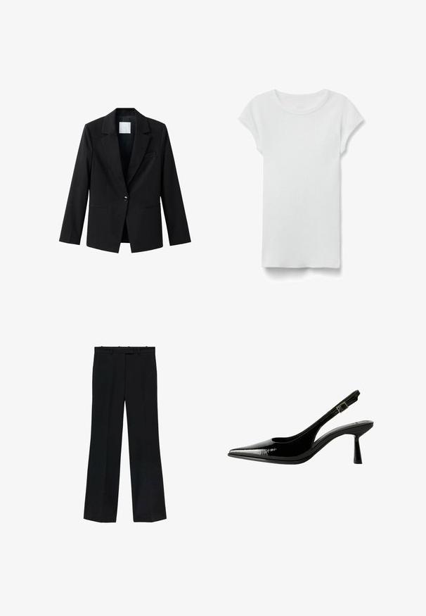Schwarzer Blazer mit kontrastierendem Revers, Ein-Knopf-Verschluss und zwei vorderen Taschen. Hergestellt aus glattem Stoff, mit einer taillierten Passform.; Weißes kurzärmeliges, geripptes T-Shirt mit Rundhalsausschnitt, flach auf weißem Hintergrund liegend, zeigt die Vorderseite und einen einfachen, legeren Stil.; Schwarze Hose mit geradem Bein, aus glattem Stoff. Verfügt über einen Bund mit Gürtelschlaufen und hat keine sichtbaren Markierungen oder Verzierungen.; Schwarze Lackleder Slingback-Pumps mit spitzem Zeh, ausgeschnittenen Seiten, verstellbarem Knöchelriemen und einem dünnen, eleganten Absatz.