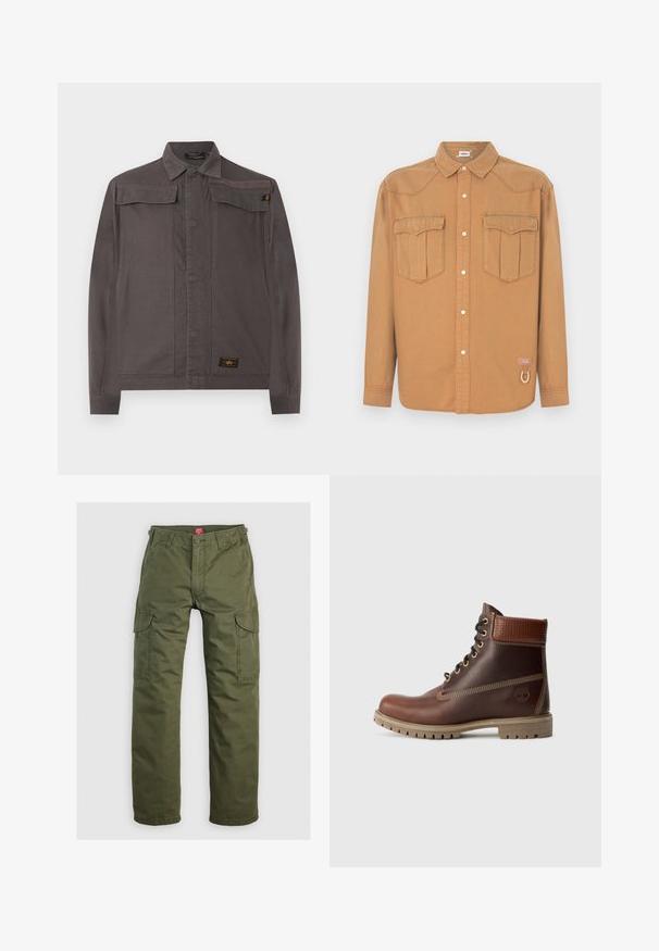 Veste décontractée gris foncé à manches longues, col, deux poches poitrine à rabat et étiquette de marque près de l'ourlet sur fond blanc.; Chemise en denim marron avec deux poches poitrine, col pointu, devant boutonné et coutures contrastées. Présente un patch logo et un détail boucle.; Pantalons cargo vert olive en tissu durable, dotés de poches latérales, d'une fermeture à bouton et d'une coupe droite.; Bottine en cuir marron à lacets, avec un col rembourré, des coutures contrastées et une semelle robuste, vue de l'extérieur sur un fond blanc.