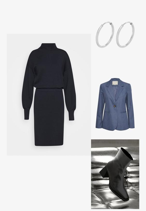 Blå denimblazer med spidse lapels, enkel knaplukning og to forlommer. Glat tekstur og skræddersyet pasform.; Strikkjole i mørk marinblå med høj krave, lange ballonsleeves og en tætsiddende silhuet. Blød tekstur med ribbede manchetter.; Sorte ankelstøvler lavet af glossy materiale med firkantet tå og spidse hæle, sat mod en skinnende sølv tuftet baggrund.; Sølv hoops øreringe, cirkulær form, glat skinnende tekstur og ensartet bredde hele vejen igennem. Minimalistisk design uden yderligere accenter.
