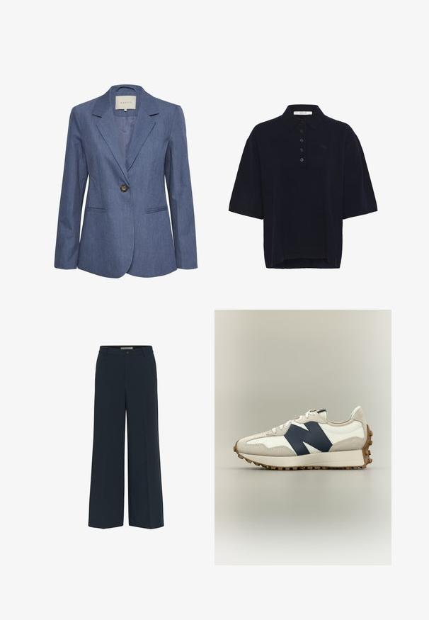 Blazer de denim azul con solapas con muesca, cierre de un solo botón y dos bolsillos frontales. Textura suave y diseño ajustado.; Polo azul marino hecho de tela suave, con cuello con solapa, mangas cortas y cierre frontal con cinco botones.; Pantalones anchos azul marino hechos de tela suave, con cierre frontal de botones, trabillas y pliegues planchados cuidadosamente en cada pierna.; Zapatilla de perfil bajo en beige y blanco con gran logo negro "N", cordones blancos y suela de goma marrón texturizada.