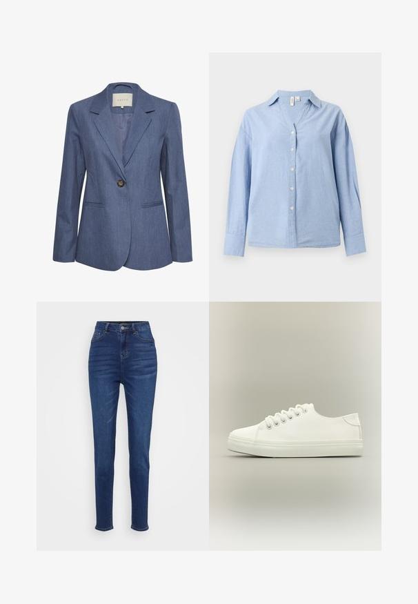 Blauwe denim blazer met gekartelde revers, een enkele knoopsluiting en twee zijzakken. Glad textuur en op maat gemaakte pasvorm.; Lichtblauw overhemd met lange mouwen, kraag, zes witte knopen en een losse pasvorm op een effen achtergrond.; Hogestraat, slim-fit jeans in donkerblauwe denim. Voorzien van vijf zakken, riemlussen en een knoopsluiting met subtiele vervaging langs de benen.; Witte lage sneaker met witte veters en rubberen zool, zijaanzicht op een neutrale achtergrond.