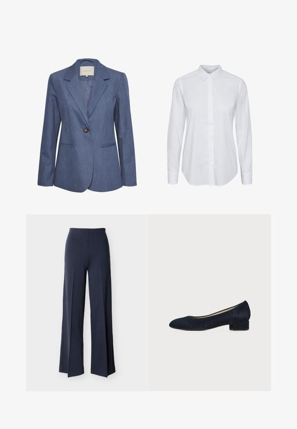 Blazer en denim bleu avec revers crantés, fermeture à un bouton et deux poches avant. Texture lisse et design ajusté.; Chemise blanche à manches longues en coton. Présente un col classique, une fermeture à boutons à l'avant et un ourlet droit sans embellissements ni motifs.; Pantalon large bleu marine avec fentes latérales, taille haute et devant lisse, présenté sur un fond blanc.; Chaussure en daim noir à talon bas, bout arrondi et talon bloc affichés sur fond blanc.