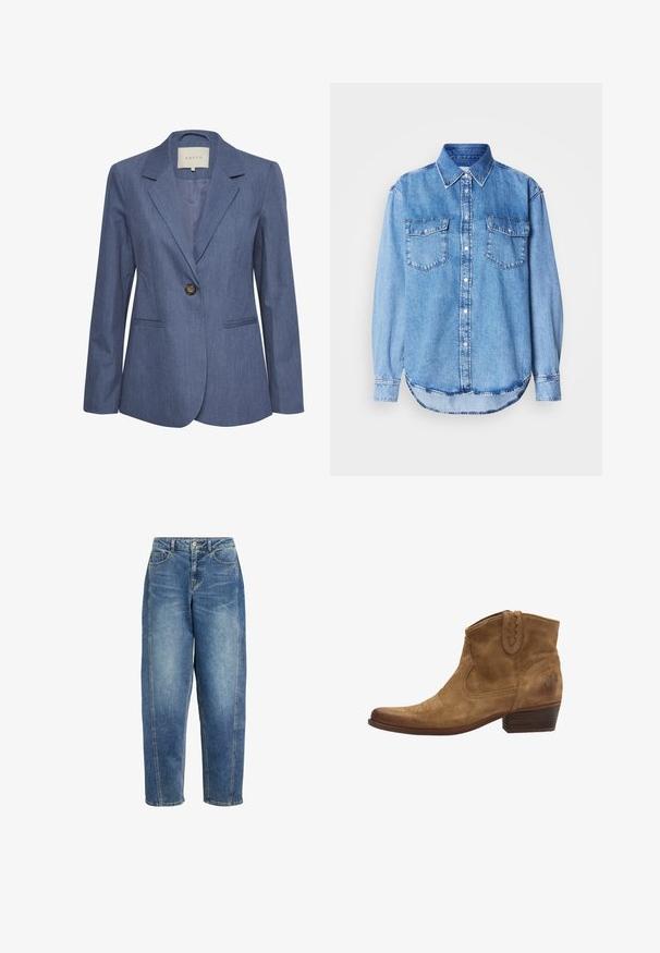 Blauwe denim blazer met gekartelde revers, een enkele knoopsluiting en twee zijzakken. Glad textuur en op maat gemaakte pasvorm.; Denimshirt met een lichtblauwe kleur, klassieke kraag, knoopsluiting aan de voorkant, twee borstzakken en een afgeronde zoom met stikseldetails.; Blauwe high-waist rechte spijkerbroek met voorzakken, knoopsluiting en zichtbare stiksel details op een witte achtergrond.; Bruine suède enkellaarzen met een spitse neus, gestikte details en een korte gestapelde hak. Zijkant elastiek voor makkelijk aan- en uittrekken.