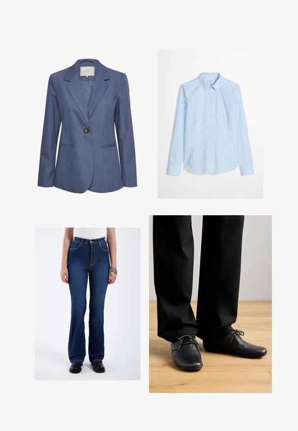 Blauwe denim blazer met gekartelde revers, een enkele knoopsluiting en twee zijzakken. Glad textuur en op maat gemaakte pasvorm.; Lichtblauw overhemd met lange mouwen, klassieke kraag en een subtiel geborduurd logo op de borst. Soepele, frisse stoftextuur.; Donkerblauwe flared jeans met een hoge taille, gemaakt van denim. Voorzien van oranje stiksels, voortasjes en een ritssluiting met knoopsluiting.; Persoon in zwarte dresschoenen en zwarte broek staat op licht houten vloeren tegen een effen achtergrond.