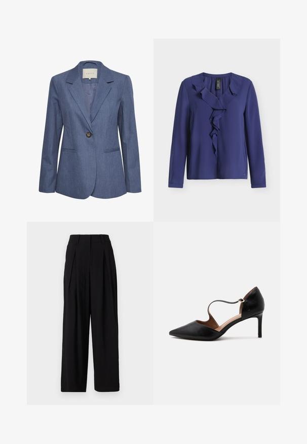 Blauwe denim blazer met gekartelde revers, een enkele knoopsluiting en twee zijzakken. Glad textuur en op maat gemaakte pasvorm.; Blouse met lange mouwen in marineblauw met gerimpelde V-hals en voorzijde, gemaakt van gladde stof, afgebeeld op een witte achtergrond.; Zwarte wijde broeken van gladde stof, met een hoge tailleband, plooien aan de voorkant en een vloeiende silhouet.; Zwarte leren pumps met een puntige neus, een smalle enkelband en een midhoge stilettohak op een witte achtergrond.