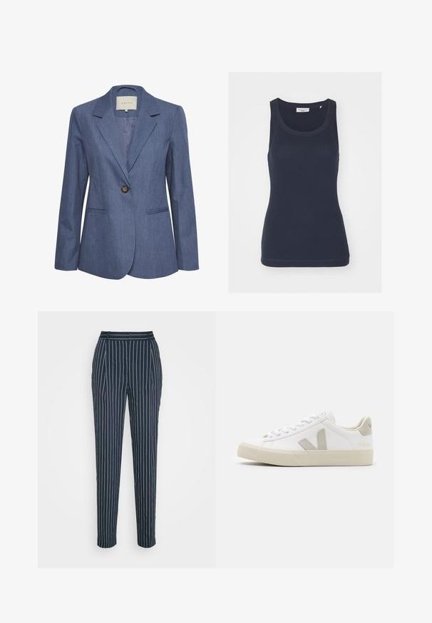 Blazer en denim bleu avec revers crantés, fermeture à un bouton et deux poches avant. Texture lisse et design ajusté.; Débardeur bleu marine en coton, avec un col rond, des bretelles étroites et une texture lisse et ajustée avec des ourlets cousus.; Samsøe Samsøe AGNETA TROUSERS - Pantalon classique - salute; Baskets blanches en cuir avec des accents gris en forme de V, semelle en caoutchouc texturé, lacets blancs, et languette et col rembourrés.