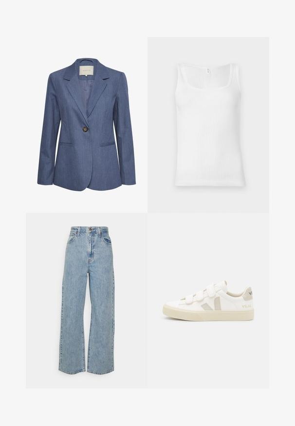Blauwe denim blazer met gekartelde revers, een enkele knoopsluiting en twee zijzakken. Glad textuur en op maat gemaakte pasvorm.; Witte geribbelde tanktop met een rechthoekige halslijn en brede schouderbanden. De stof heeft een gestructureerde, stretchachtige uitstraling.; Lichtblauwe wijde denim jeans met hoge taille, sluiting met voorknop en rits, en vijfzakkenontwerp op een effen achtergrond.; Witte sneakers met klittenbandsluitingen, suède accenten in beige, gestructureerde rubberen zool en een V-logo in grijs. Minimalistisch ontwerp, ronde vorm.