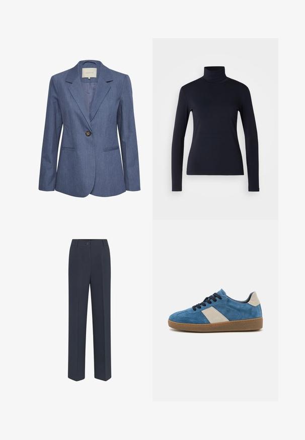 Blå denimblazer med spidse lapels, enkel knaplukning og to forlommer. Glat tekstur og skræddersyet pasform.; Marineblå turtleneck langærmet top. Fremstillet af blødt stof med en glat tekstur. Har et tætsiddende design og høj krave uden synlige sømme.; Marineblå, skræddersyede bukser med lige ben, der har lukkefunktion foran med knap og diskrete stolpefure detaljer. Glat stofstruktur.; Blå suede sneakers med en beige læderdetalje, mørke snørebånd og en struktureret gummisål; lavprofil design med en rund tå.