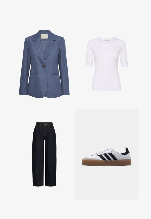 Blauwe denim blazer met gekartelde revers, een enkele knoopsluiting en twee zijzakken. Glad textuur en op maat gemaakte pasvorm.; Witte nauwsluitende t-shirt van gladde stof, met een ronde halslijn en korte mouwen, zonder zichtbare patronen of accenten.; Donkere denim jeans met wijde pijpen en een hoge taille, voorzien van voorzakken, een ritssluiting en contrasterende stikdetails. Gladde textuur.; Witte leren sneakers met zwarte strepen, gumrubberen buitenzool, ronde neus, vetersluiting en een zachte grijze suède neuskap.