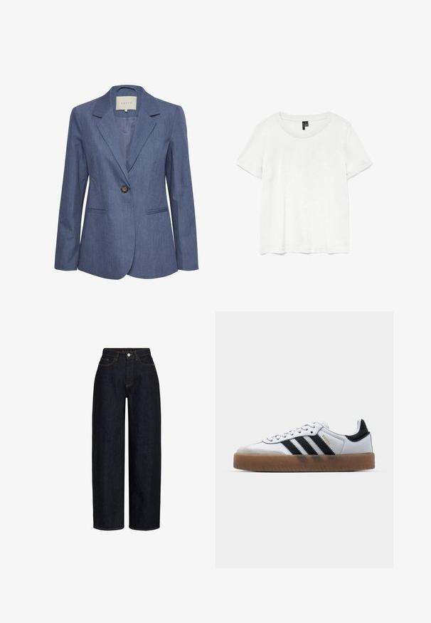 Blauwe denim blazer met gekartelde revers, een enkele knoopsluiting en twee zijzakken. Glad textuur en op maat gemaakte pasvorm.; Witte t-shirt met korte mouwen en een ronde hals, gemaakt van lichte stof. Eenvoudig ontwerp, gladde textuur en rechte zoom.; Donkere denim jeans met wijde pijpen en een hoge taille, voorzien van voorzakken, een ritssluiting en contrasterende stikdetails. Gladde textuur.; Witte leren sneakers met zwarte strepen, gumrubberen buitenzool, ronde neus, vetersluiting en een zachte grijze suède neuskap.
