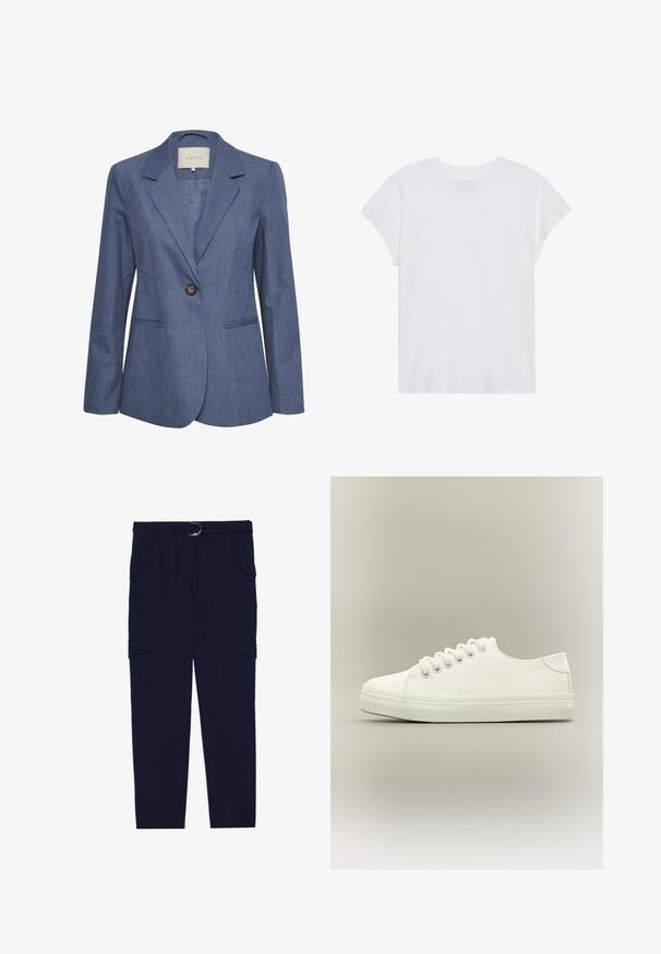 Blå denimblazer med spidse lapels, enkel knaplukning og to forlommer. Glat tekstur og skræddersyet pasform.; Hvid kortærmet t-shirt med rund hals, afslappet pasform, lavet af blødt bomuldsstof. Glat tekstur, ingen mønstre eller logoer.; Marine cargo bukser med et bælte med en sølvring, fire lommer og et tapered ben-design, lavet af blødt, struktureret stof.; Hvid lavtop sneaker med hvide snørebånd og gummisål vist fra siden på en neutral baggrund.