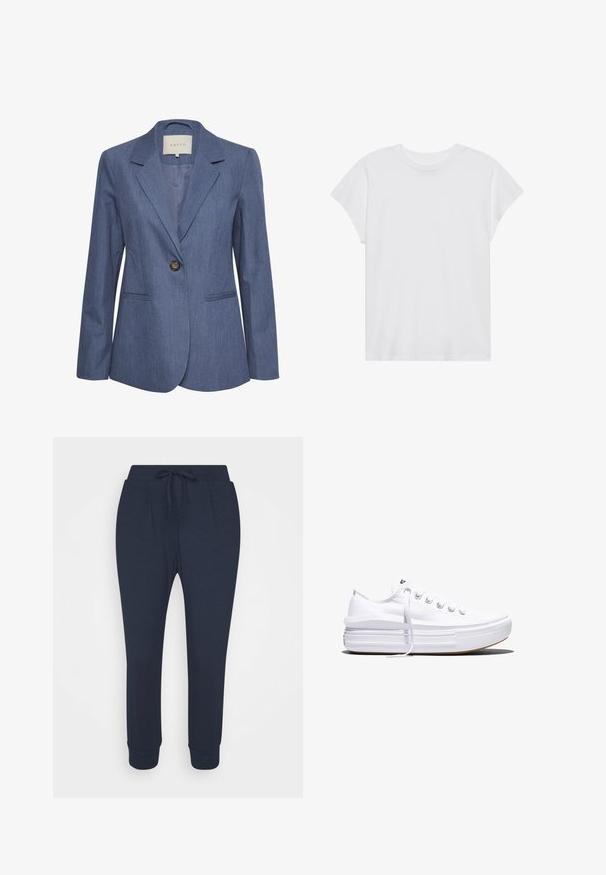 Blauwe denim blazer met gekartelde revers, een enkele knoopsluiting en twee zijzakken. Glad textuur en op maat gemaakte pasvorm.; Witte t-shirt met korte mouwen, ronde hals, relaxte pasvorm, gemaakt van zacht katoen. Glad textuur, geen patronen of logo's.; Marineblauwe sweatpants met een trekkoord in de taille, taps toelopende pijpen en ribgebreide boorden; gemaakt van zachte, duurzame stof met zijzakken.; Witte lage canvas sneaker met dikke plateauzool, veters aan de voorkant en rubberen toeskap met structuur, zijaanzicht.