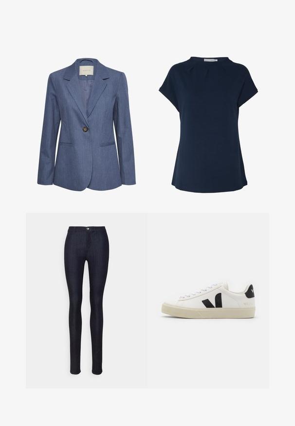 Blauwe denim blazer met gekartelde revers, een enkele knoopsluiting en twee zijzakken. Glad textuur en op maat gemaakte pasvorm.; Navyblauwe top met korte mouwen, met een ronde hals en subtiele plooi details aan de voorkant. Gemaakt van zachte, gestructureerde stof met een relaxte pasvorm.; ONLY Tall ONLRAIN LIFE LEGGING - Jeans Skinny Fit - dark blue denim; Witte leren sneaker met zwart rubberen V-logo. Getextureerde off-white zool, witte veters en een achterkant met een detail van de merknaam in het zwart.