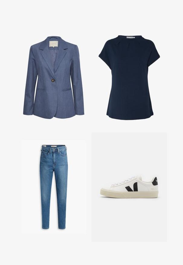 Blauer Jeansblazer mit eingelegten Revers, einem einzelnen Knopfverschluss und zwei vorderen Taschen. Glatte Textur und taillierte Passform.; Marineblaues Kurzarmoberteil mit rundem Ausschnitt und subtilen Faltendetails an der Vorderseite. Hergestellt aus weichem, strukturiertem Stoff mit lässiger Passform.; Hoch taillierte blaue Jeans aus Denim mit einem klassischen Fünf-Taschen-Design, genähten Details und einer schmalen Passform mit schmal zulaufenden Beinen.; Weißes Leder-Sneaker mit schwarzem Gummi-V-Logo. Strukturierte cremefarbene Sohle, weiße Schnürsenkel und Fersendetail in Schwarz mit dem Markennamen.