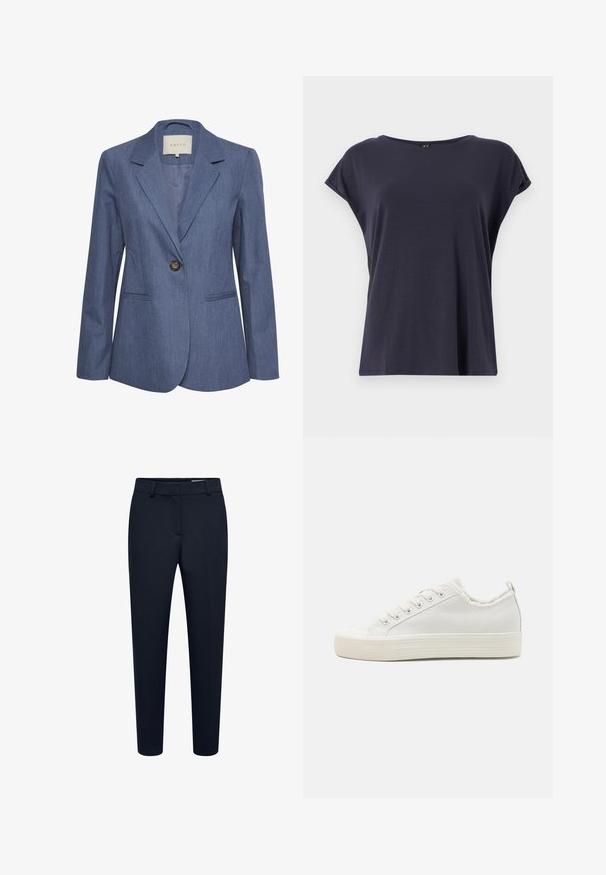 Blauer Jeansblazer mit eingelegten Revers, einem einzelnen Knopfverschluss und zwei vorderen Taschen. Glatte Textur und taillierte Passform.; Marineblaues Kurzarmtop mit lockerer Passform, Rundhalsausschnitt und glatter Textur. Einfaches Design ohne Muster oder zusätzliche Akzente.; Schwarze, maßgeschneiderte Slim-Fit-Hose mit Gürtelösen und verdecktem Frontverschluss, geeignet für formelle Anlässe oder Büro.; Weiße Leinenschuhe mit strukturiertem Obermaterial, runder Zehenkappe, flacher Sohle und Schnürverschluss. Merkmale umfassen einen leicht ausgefransten Kragen und eine Zugschlaufe.