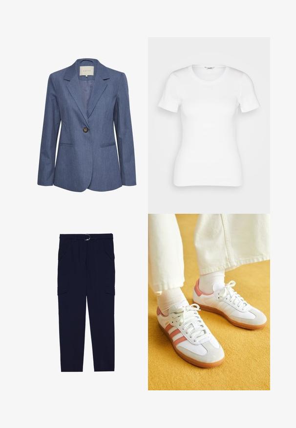 Blauer Jeansblazer mit eingelegten Revers, einem einzelnen Knopfverschluss und zwei vorderen Taschen. Glatte Textur und taillierte Passform.; Weißes Baumwoll-T-Shirt mit kurzen Ärmeln, rundem Ausschnitt und gerippter Textur. Schmal geschnittenes Design mit einer glatten, sauberen Verarbeitung.; Marinefarbene Cargo-Hose mit einem Gürtel mit silbernem Ring, vier Taschen und tapered Beinform, aus weichem, strukturiertem Stoff.; Weiße Sportschuhe mit pinken Akzenten, aus Wildleder und Leder, runde Zehenform und Gummisohle, dargestellt mit hellen Socken vor einem gelben Hintergrund.