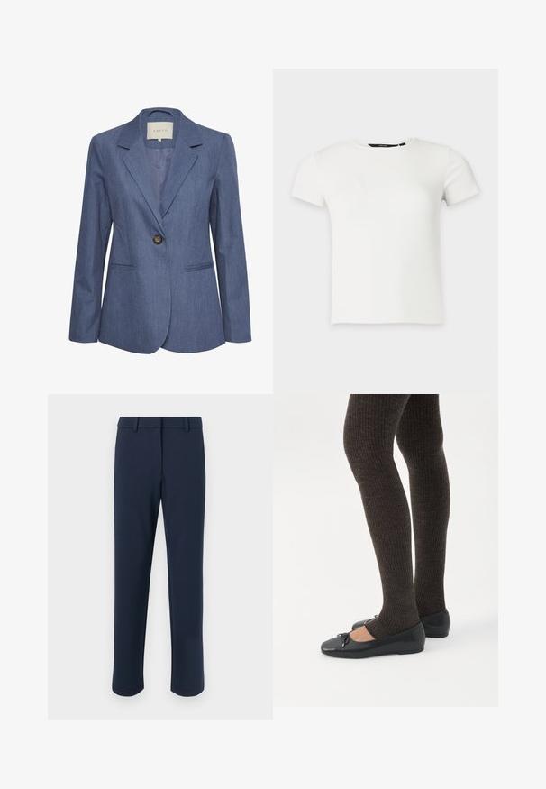 Blauwe denim blazer met gekartelde revers, een enkele knoopsluiting en twee zijzakken. Glad textuur en op maat gemaakte pasvorm.; Wit geribbeld gebreid T-shirt met korte mouwen en een ronde hals, weergegeven op een effen lichtgrijze achtergrond.; Marineblauwe broek gemaakt van een gladde stof, met een rechte snit, riemlussen en voorzakken, met een strak, minimalistisch ontwerp.; Benen met donkere geribbelde leggings gecombineerd met zwarte ballerina's met kleine strikdetails op een witte achtergrond.