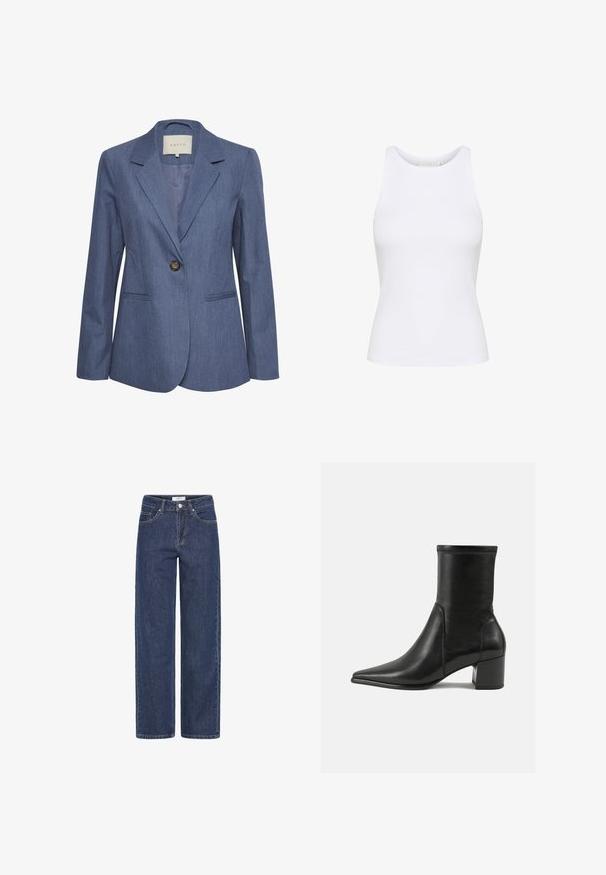 Blå denimblazer med spidse lapels, enkel knaplukning og to forlommer. Glat tekstur og skræddersyet pasform.; Hvid tanktop lavet af glat stof med en tætsiddende design. Har en rund halsudskæring og et diskret logo præget på forsiden.; Mørkeblå straight-leg jeans med frontknap og lynlås, bæltestropper og fem lommer.; Sorte ankelstøvler lavet af glat læder, med spids tå, en blokhæl og markant hævet syning ved den øverste kant.