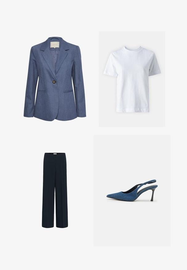 Blauwe denim blazer met gekartelde revers, een enkele knoopsluiting en twee zijzakken. Glad textuur en op maat gemaakte pasvorm.; Witte katoen t-shirt met een ronde hals, korte mouwen, een rechte snit en een gladde textuur. Geen patronen of versieringen.; Navy wijde broek gemaakt van een zachte stof. Heeft een hoge taille en strakke lijnen zonder zichtbare sluitingen of versieringen.; Blauwe denim slingback hakken met een puntige neus, voorzien van een slanke zwarte hak en een bovenkant van textiel. Ontwerp met open achterkant.