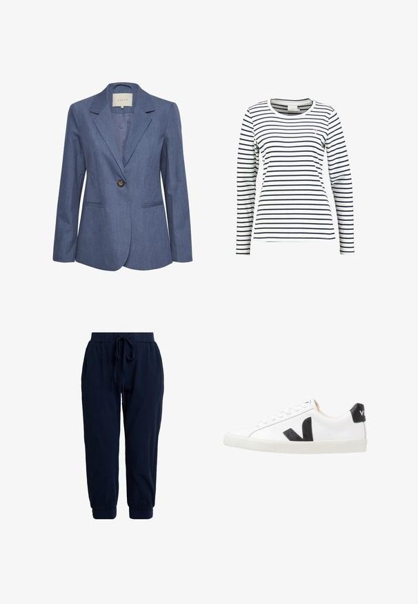 Blazer en denim bleu avec revers crantés, fermeture à un bouton et deux poches avant. Texture lisse et design ajusté.; Chemise blanche à manches longues avec des rayures horizontales bleu marine et un petit cœur rose sur la poitrine gauche.; Pantalon de jogging bleu marine en tissu doux. Il est doté d'une ceinture élastique avec cordon de serrage et de chevilles resserrées pour une coupe décontractée.; Baskets blanches avec un logo V noir, présentant un dessus en cuir lisse, un bout rond, un système de laçage et un empiècement au talon noir contrastant.