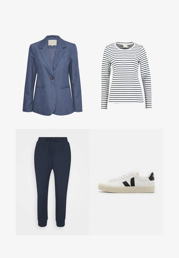 Blauwe denim blazer met gekartelde revers, een enkele knoopsluiting en twee zijzakken. Glad textuur en op maat gemaakte pasvorm.; Wit shirt met lange mouwen met horizontale navyblauwe strepen en een klein roze hartje op de linkerborst.; Marineblauwe sweatpants met een trekkoord in de taille, taps toelopende pijpen en ribgebreide boorden; gemaakt van zachte, duurzame stof met zijzakken.; Witte leren sneaker met zwart rubberen V-logo. Getextureerde off-white zool, witte veters en een achterkant met een detail van de merknaam in het zwart.
