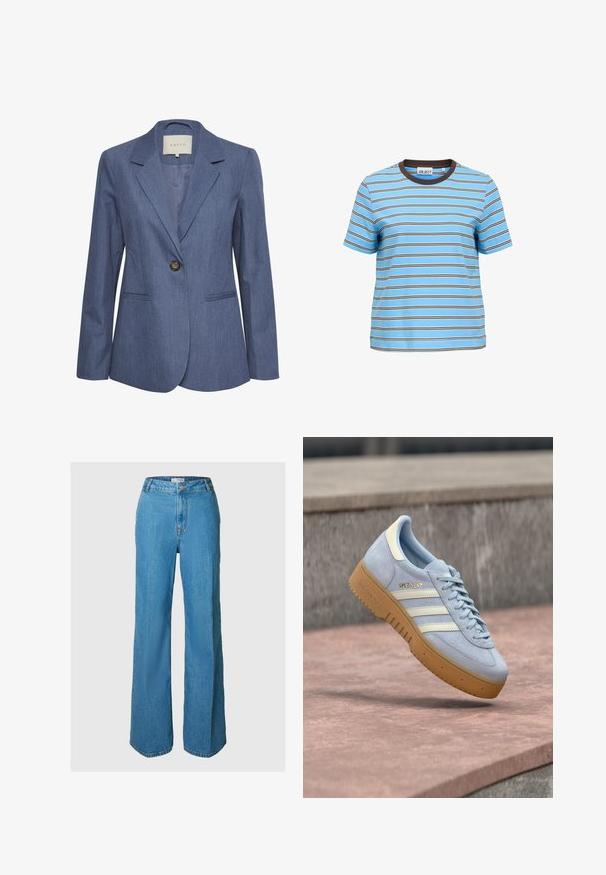 Blauer Jeansblazer mit eingelegten Revers, einem einzelnen Knopfverschluss und zwei vorderen Taschen. Glatte Textur und taillierte Passform.; Hellblaues T-Shirt mit kurzen Ärmeln, dünnen weißen und braunen horizontalen Streifen und einem dunkelbraunen Rundhalsausschnitt.; Helleblaue Denim-Jeans mit weitem Bein und hoher Taille, ausgestattet mit einem Frontknopfverschluss und klassischem Fünf-Taschen-Design, strukturiertem Stoff.; Hellblaue Wildleder-Sneaker mit weißen Streifen und goldfarbenem Markenlogo, ausgestattet mit einer Gummisohle in Karamellfarbe und einem gepolsterten Schaft für Komfort.