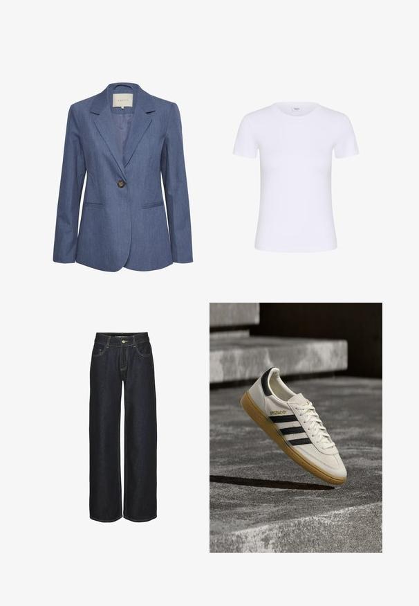 Blazer de denim azul con solapas con muesca, cierre de un solo botón y dos bolsillos frontales. Textura suave y diseño ajustado.; Camiseta blanca lisa de manga corta y cuello redondo con una pequeña etiqueta que dice "Saint" en el interior del cuello, mostrada sobre un fondo blanco.; Pantalones vaqueros rectos de color azul oscuro con bolsillos frontales, cinturas y costuras contrastantes amarillas, exhibidos sobre un fondo blanco.; Zapatilla blanca Adidas Spezial con rayas negras y suela de goma flotando sobre escalones de piedra grises al aire libre.