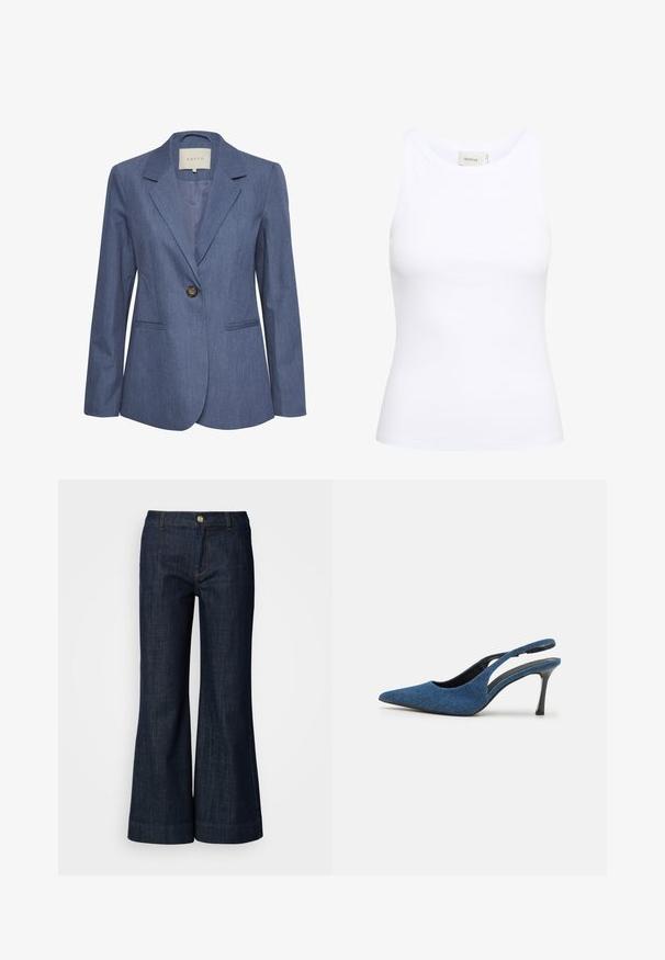 Blå denimblazer med spidse lapels, enkel knaplukning og to forlommer. Glat tekstur og skræddersyet pasform.; Hvid ribbet tanktop med rund halsudskæring og uden ærmer. Strækbart stof og tætsiddende design. Etiketten bagpå viser "GESTUZ."; Mørk vaskede denimjeans med en flagrende design, der har en knaplukning, orange syninger og opfoldede sømme. Glat tekstur og klassisk stil.; Blå denim slingback hæle med spidse tåer, prydet med en slank sort hæl og en tekstureret stofoverdel. Åben rygdesign.