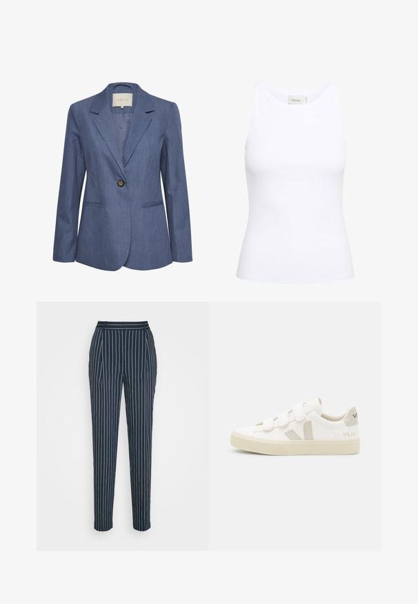 Blå denimblazer med spidse lapels, enkel knaplukning og to forlommer. Glat tekstur og skræddersyet pasform.; Hvid ribbet tanktop med rund halsudskæring og uden ærmer. Strækbart stof og tætsiddende design. Etiketten bagpå viser "GESTUZ."; Samsøe Samsøe AGNETA TROUSERS - Bukser - salute; Hvide sneakers med velcro-remme, suede detaljer i beige, struktureret gummisål og V-logo i grå. Minimalistisk design, afrundet form.