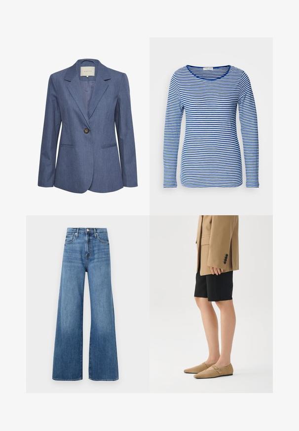 Blå denimblazer med spidse lapels, enkel knaplukning og to forlommer. Glat tekstur og skræddersyet pasform.; Langærmet skjorte med scoop-hals, prydet med skiftende blå og hvide vandrette striber. Fremstillet af blødt, letvægtsstof.; Blå højtaljede vidde jeans med knap- og lynlåslukning, forlommer og diskret fading på stoffet.; Tan ruskinds slip-on sko med spidse tæer og en lille spænde. Båret med sorte shorts og en beige oversized blazer.