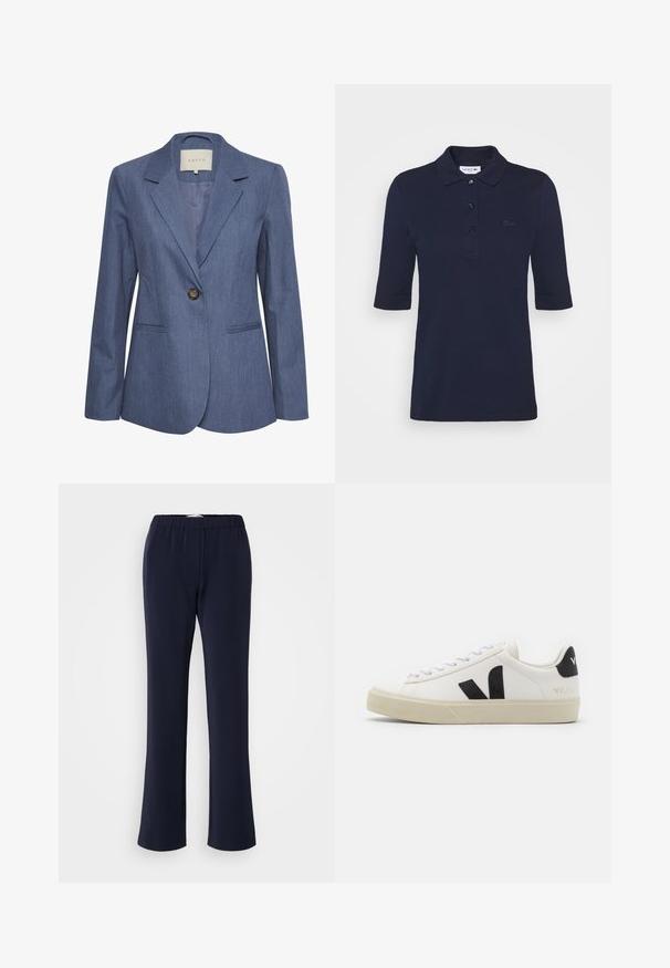 Blauer Jeansblazer mit eingelegten Revers, einem einzelnen Knopfverschluss und zwei vorderen Taschen. Glatte Textur und taillierte Passform.; Marineblaue Polo-Shirt mit kurzen Ärmeln, klassischem Kragen, Knopfleiste mit drei Knöpfen und gesticktem Logo auf der Brust. Aus Baumwollmaterial.; Marineblaue, gerade geschnittene Hose aus dehnbarem Stoff mit elastischem Bund und zwei Taschen vorne. Glatte Textur, keine sichtbaren Muster.; Weißes Leder-Sneaker mit schwarzem Gummi-V-Logo. Strukturierte cremefarbene Sohle, weiße Schnürsenkel und Fersendetail in Schwarz mit dem Markennamen.