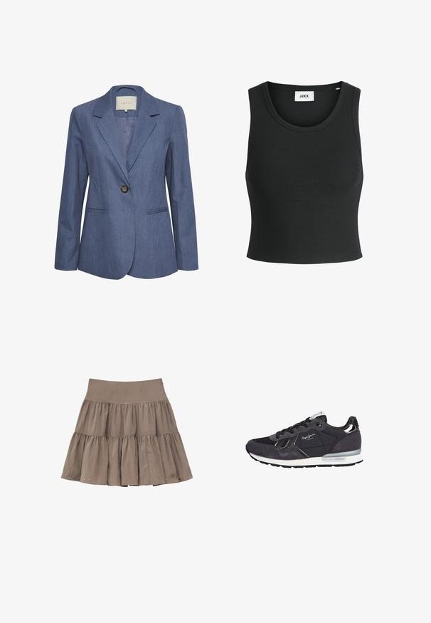 Blauer Jeansblazer mit eingelegten Revers, einem einzelnen Knopfverschluss und zwei vorderen Taschen. Glatte Textur und taillierte Passform.; Schwarzes, geripptes Tanktop mit rundem Halsausschnitt und ärmellosem Design; aus einem weichen, dehnbaren Stoff für Komfort und Passform.; Brauner gestufter Minirock mit breitem Bund und gerafftem Stoff, der eine ausgestellte Silhouette erzeugt.; Schwarze und graue Sneakers mit einer Mischung aus glatten und Wildleder-Oberflächen, Schnürdesign, metallischen Akzenten und einer gepolsterten, weißen Sohle.