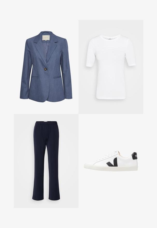 Blå denimblazer med spidse lapels, enkel knaplukning og to forlommer. Glat tekstur og skræddersyet pasform.; Hvid, letvægts, stræktilpasset t-shirt med rund halsudskæring og korte ærmer, der har en glat tekstur og ingen synlige mønstre.; Marineblå bukser med lige ben lavet af strækstof med elastisk talje og to forlommer. Glat tekstur uden synlige mønstre.; Hvide sneakers med et sort V-logo, der har en glat læderoverdel, rund tå, snørrelukning og en kontrasterende sort hælflap.