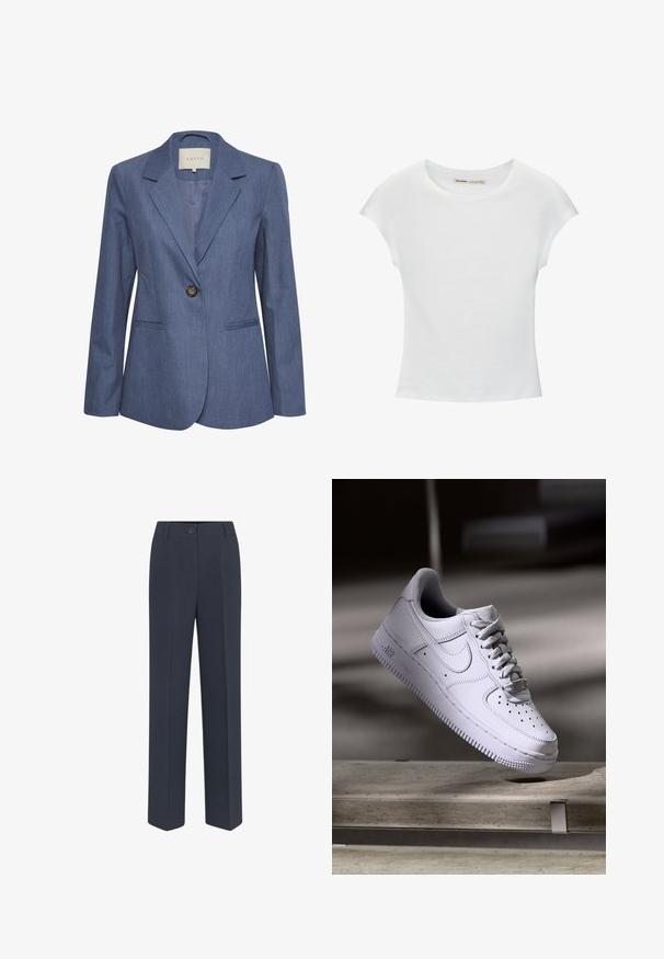 Blauer Jeansblazer mit eingelegten Revers, einem einzelnen Knopfverschluss und zwei vorderen Taschen. Glatte Textur und taillierte Passform.; Weißes Baumwoll-T-Shirt mit kurzen, aufgerollten Ärmeln, rundem Ausschnitt und geradem Saum. Glatte Textur ohne sichtbare Muster oder Akzente.; Marineblaue, maßgeschneiderte Hose mit geradem Bein, mit einem vorderen Knopfverschluss und dezenten Faltendetails. Glatte Stofftextur.; Weißer Nike Air Force 1 Sneaker schwebt über einer Betonoberfläche mit Schatten in einem minimalistischen Umfeld.