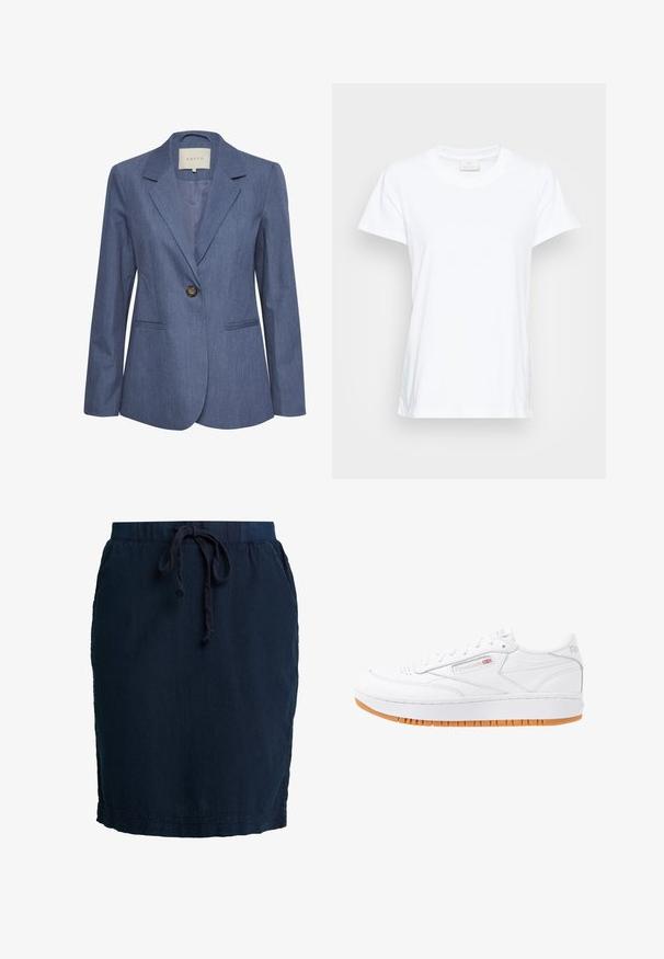Blazer de denim azul con solapas con muesca, cierre de un solo botón y dos bolsillos frontales. Textura suave y diseño ajustado.; Camiseta blanca de manga corta hecha de algodón suave. Presenta un escote redondo y un corte ligeramente holgado con aberturas laterales para mayor comodidad.; Falda azul marino con cintura elástica y cordón ajustable. Fabricada en un material ligero, con un corte a media longitud y costuras laterales.; Zapatillas blancas de cuero con suela de goma, detalles de costura y caja de dedos perforada. Cuenta con un logo en el costado y en el talón.