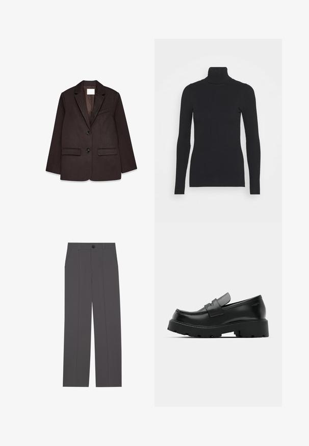 Brauner Blazer mit strukturiertem Finish, ausgestattet mit einem Reverskragen, zwei Taschen vorne und einem Ein-Knopf-Verschluss.; Schwarzer gerippter Rollkragenpullover, der lange Ärmel und eine figurbetonte Silhouette bietet. Die Textur ist glatt mit einem horizontalen Rippenmuster.; Graue Hose im geraden Schnitt, mit zwei seitlichen Taschen und einem Knopfverschluss. Glattes Material ohne sichtbare Muster oder Akzente.; Schwarze Leder-Loafers mit einer chunky strukturierten Sohle, ausgestattet mit einem Riemen über dem Spann und einer glatten, polierten Oberfläche.