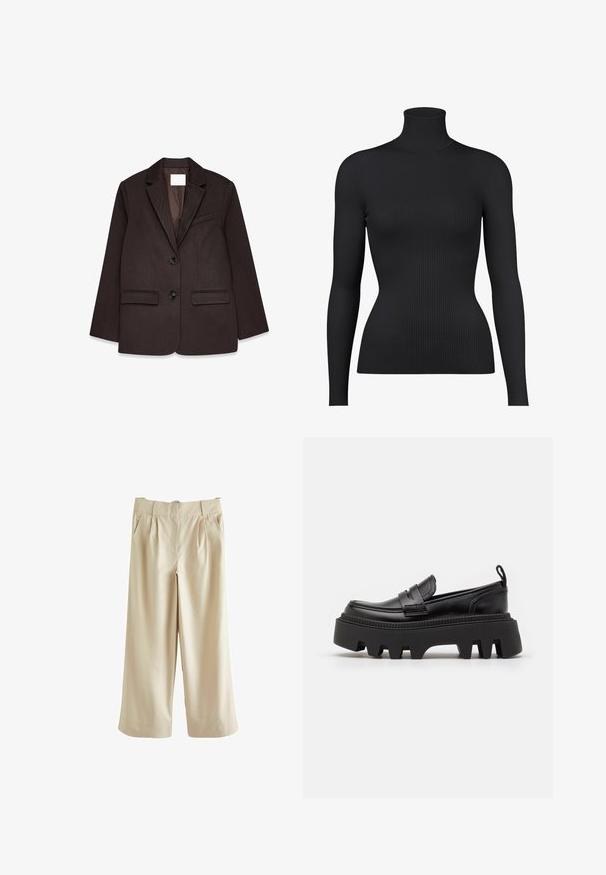 Bruine blazer met een gestructureerde afwerking, voorzien van een notch-kraag, twee voorzakken en een enkele knoopsluiting.; Zwarte geribde coltrui met lange mouwen, met een nauwsluitende pasvorm en textuurstof.; Next SMART WIDE LEG - Broek - stone; Zwarte leren instappers met een stevige zwarte rubberen zool, voorzien van antislipgroeven en een decoratieve band aan de voorkant.