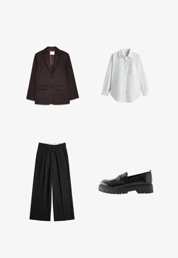 Bruine blazer met een gestructureerde afwerking, voorzien van een notch-kraag, twee voorzakken en een enkele knoopsluiting.; Wit overhemd met lange mouwen, knopen, kraag en borstzak, weergegeven op een effen witte achtergrond.; Zwarte wijde broek met voorplooien, zijzakken, riemlussen en een ritssluiting.; Zwarte lakleren loafers hebben een laag platformzool met een robuuste profiel en een gestikte detail over de middenvoet.