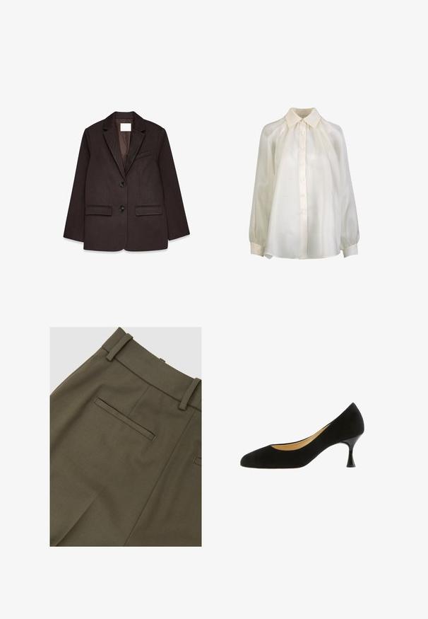 Brauner Blazer mit strukturiertem Finish, ausgestattet mit einem Reverskragen, zwei Taschen vorne und einem Ein-Knopf-Verschluss.; Bluse mit langen Ärmeln in Cremefarbe, vorne mit Knöpfen, spitzem Kragen, gerafften Schultern und Manschettenärmeln.; Olivgrüne Hose aus strukturiertem Stoff, mit flacher Vorderseite, Gürtelschlaufen und einer einzelnen Gesäßtasche mit genähter Verschlussklappe.; Schwarzer Wildleder-Pumps mit spitz zulaufender Spitze, niedrigem Stilettoabsatz und glatter Textur. Schlichtes Design ohne sichtbare Muster oder Akzente.
