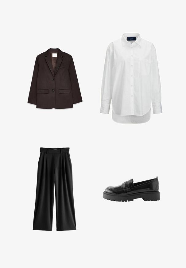 Bruine blazer met een gestructureerde afwerking, voorzien van een notch-kraag, twee voorzakken en een enkele knoopsluiting.; Witte lange mouwen shirt van glad katoen met een button-down kraag, voorzak en ronde zoom. Heeft een achterpand voor extra structuur.; Zwarte broek met wijde pijpen, plooien, zijzakken en een tailleband met riemlussen.; Zwarte lakleren loafers hebben een laag platformzool met een robuuste profiel en een gestikte detail over de middenvoet.