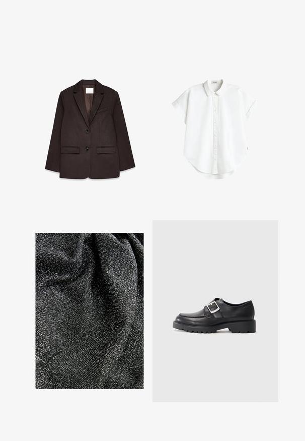 Brauner Blazer mit strukturiertem Finish, ausgestattet mit einem Reverskragen, zwei Taschen vorne und einem Ein-Knopf-Verschluss.; Weißes kurzärmliges Hemd mit Knopfleiste, Kragen und aufgerollten Manschetten, leicht geschwungener Saum, flach auf weißem Hintergrund dargestellt.; Schwarzer Stoff mit strukturierter Oberfläche, der winzige silberne Flocken zeigt und einen funkelnden Effekt erzeugt. Das Material wirkt weich und fällt fließend.; Schwarze Lederschuhe mit einer abgerundeten Spitze, ausgestattet mit einem seitlichen Schnallen-Detail und einer dicken, robusten Sohle. Glatte Textur mit minimalen Nähten.