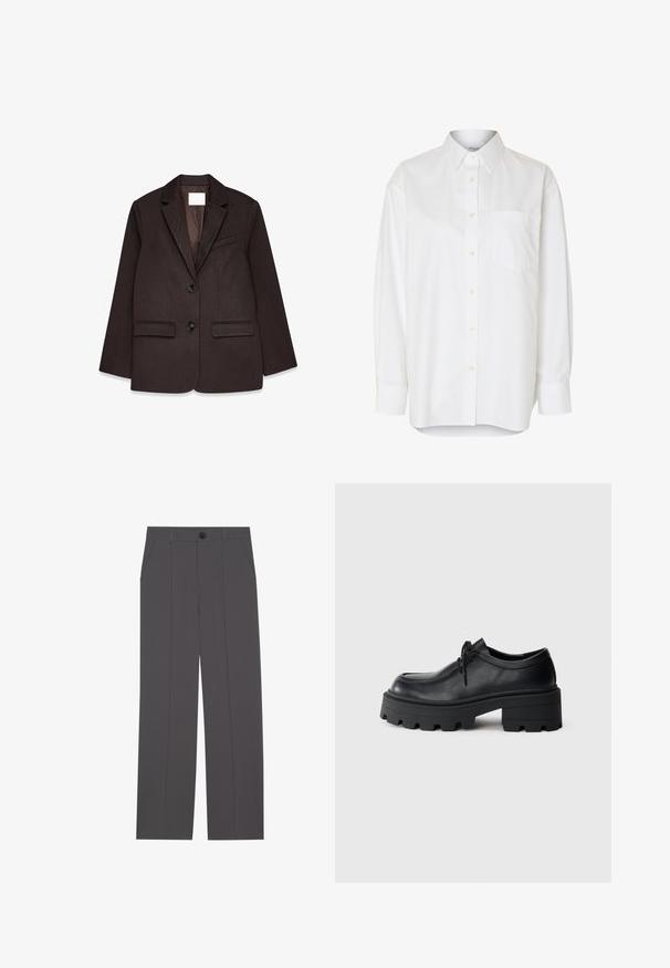 Bruine blazer met een gestructureerde afwerking, voorzien van een notch-kraag, twee voorzakken en een enkele knoopsluiting.; Wit overhemd met lange mouwen, knopen, puntige kraag en borstzak, getoond tegen een effen achtergrond.; Grijze broek met een recht model, voorzien van twee zijzakken en een knoopsluiting. Gladde stof zonder zichtbare patronen of accenten.; Zwarte leren veterschoen met een dikke, gestructureerde zwarte rubberen zool en een afgeronde neus. Voorzien van subtiele stikseldetails.