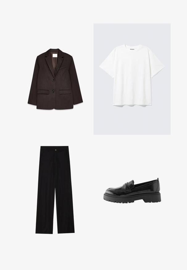 Bruine blazer met een gestructureerde afwerking, voorzien van een notch-kraag, twee voorzakken en een enkele knoopsluiting.; Witte T-shirt met korte mouwen en een ronde hals, met een relaxte pasvorm en een "WEEKDAY" label aan de binnenkant achter bij de hals.; Zwarte wijde broek van een gladde stof, met zijzakken en een knoopsluiting bij de taille. Minimalistisch ontwerp zonder patronen.; Zwarte lakleren loafers hebben een laag platformzool met een robuuste profiel en een gestikte detail over de middenvoet.
