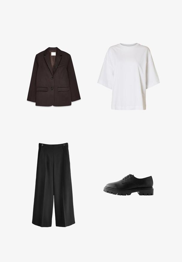 Bruine blazer met een gestructureerde afwerking, voorzien van een notch-kraag, twee voorzakken en een enkele knoopsluiting.; Loszittend wit T-shirt met korte mouwen, verlaagde schouders en een ronde hals op een effen achtergrond.; Zwarte wijde broek met hoge taille, gemaakt van een gladde stof. Bevat twee voorkeurs en twee knopen bij de tailleband.; Zwarte leren schoen met een ronde neus, zes veterogen, platte veters en een stevige rubberen zool met diepe profielpatronen.