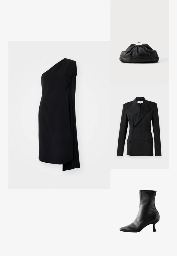 Sort skræddersyet blazer, en lang ærme, notch laps, dobbeltradet lukning, to frontlommer, struktureret stof med synlig syning.; Sort asymmetrisk kjole med én skulder, lavet af glat stof, med en draperet design og en sideslids for ekstra detaljer.; Sort læder ankelstøvle med spids tå, tætsiddende design og en lav, udskilt hæl, med glat tekstur og minimale syninger.; Sort læderclutch med en samlet tekstur, metal lukning og diskret præget logo på forsiden. Rundet form.